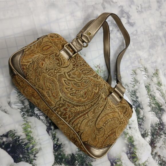 Fossil Tan Tapestry & Gold Leather Trim Satchel - Picture 2 of 12